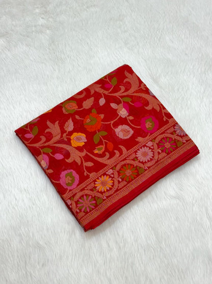 Red Pure Muslin Cotton Jamdani Handloom Banarasi Saree |Ektara Weave|