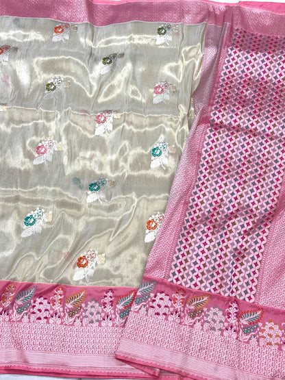 Natural Ivory 100% Pure Katan Tissue Silk Kadhwa + Kadhiyal Banarasi Saree