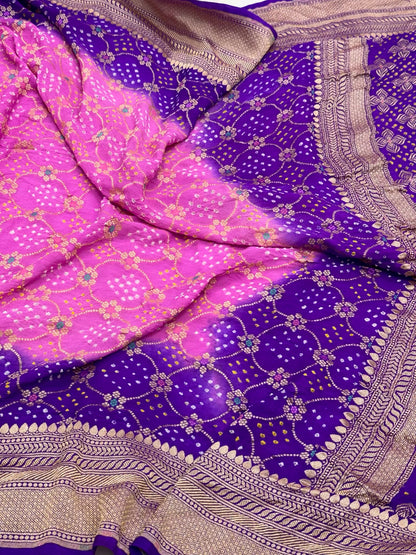 Purple/Pink Pure Chiffone Georgette Handloom Bandhej Banarasi Saree - Lightweight Soft Saree