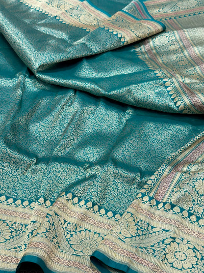 Teal Green Pure Katan Mulberry Silk Handwoven | Kadhwa Weave | Banarasi Brocade Saree