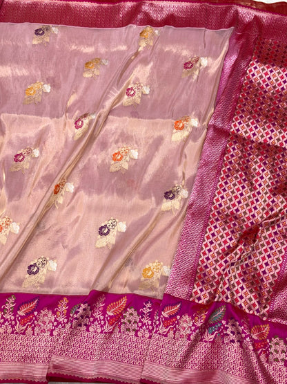 Rose Gold Pure Kora Tissue Silk Handwoven Banarasi Saree