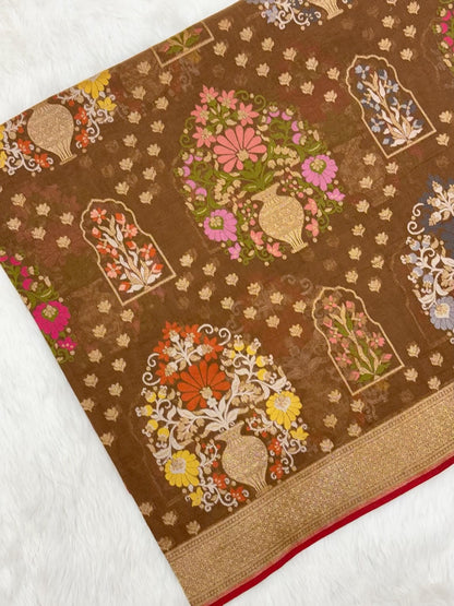 Brown Pure Muslin Cotton Jamdani handloom Banarasi Saree |Ektara Weave|