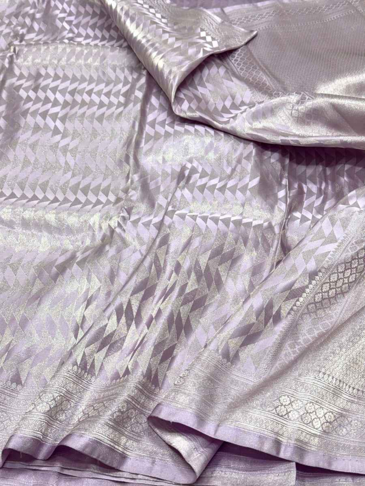 Beige Pure Satin Silk Handwoven Soft Drape Banarasi Saree