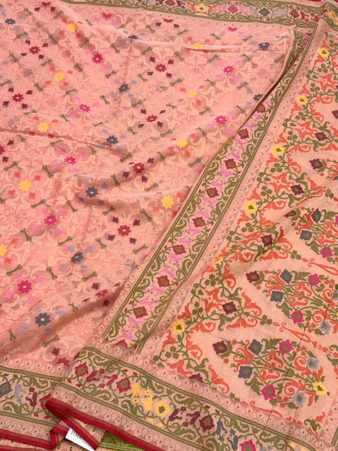 Peach Pure Muslin Cotton Jamdani Handloom Banarasi Saree |Ektara Weave|