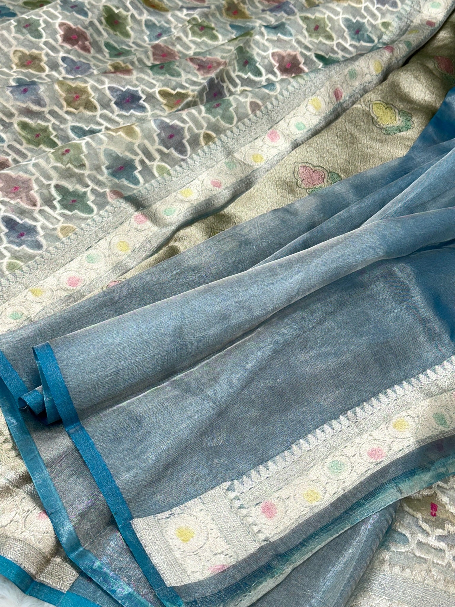 Blue Pure Mulberry Tissue Silk Handloom Banrasi Saree |Ektara Weave|