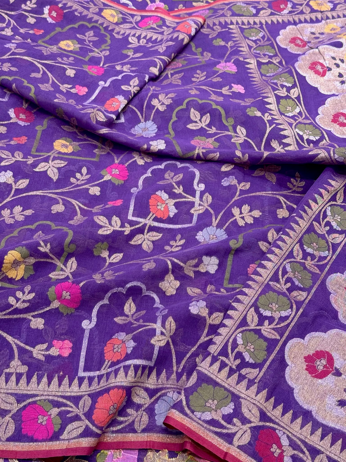 Purple Pure Muslin Cotton Jamdani Banarasi Saree - Ektara Technique Handloom Banarasi Saree