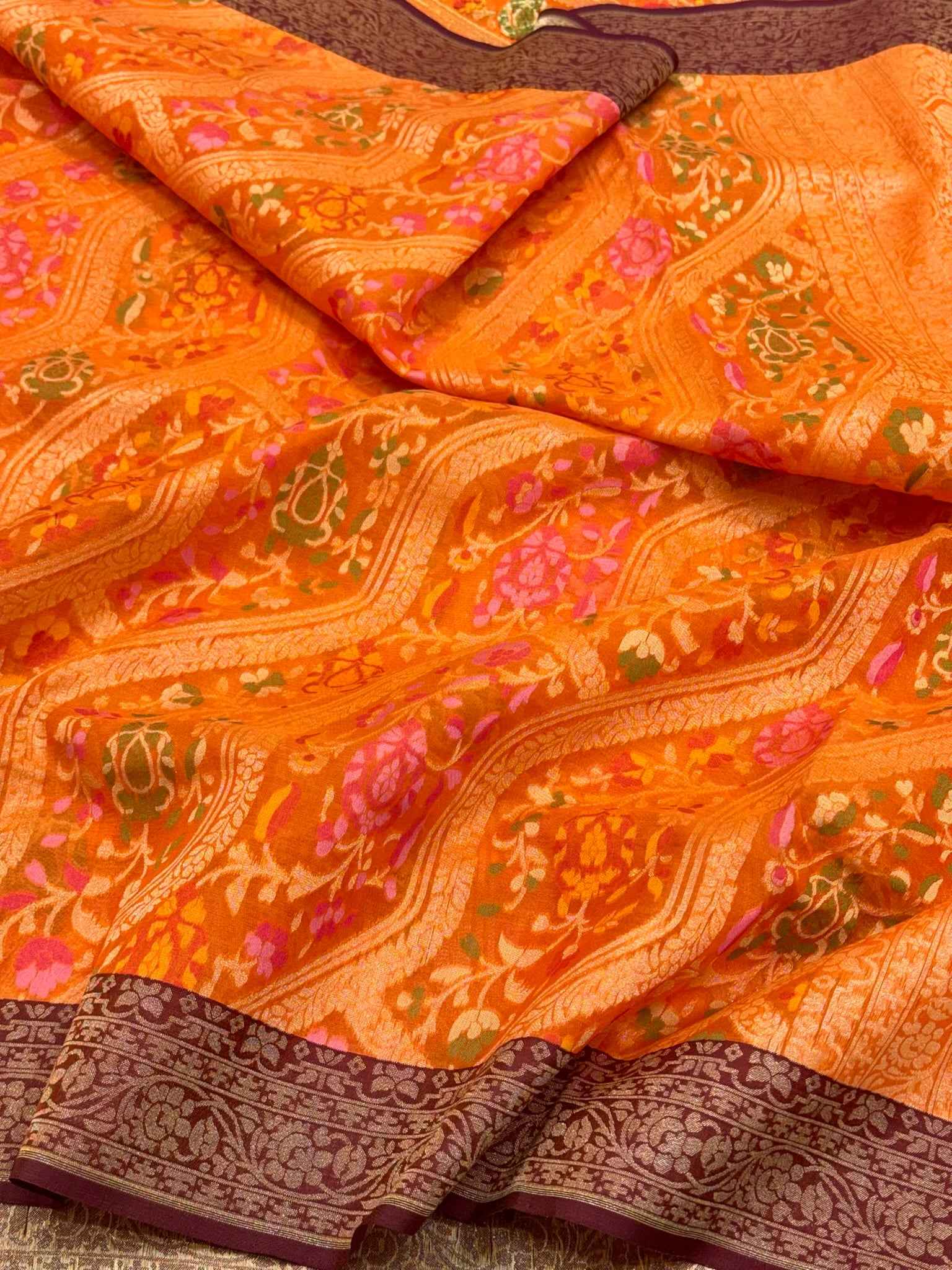Orange Pure Kora silk & Pure Mulberry Silk Jamdani Handloom Banarasi Saree - Ektara Weave