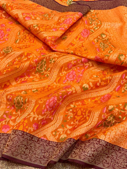 Orange Pure Kora silk & Pure Mulberry Silk Jamdani Handloom Banarasi Saree - Ektara Weave