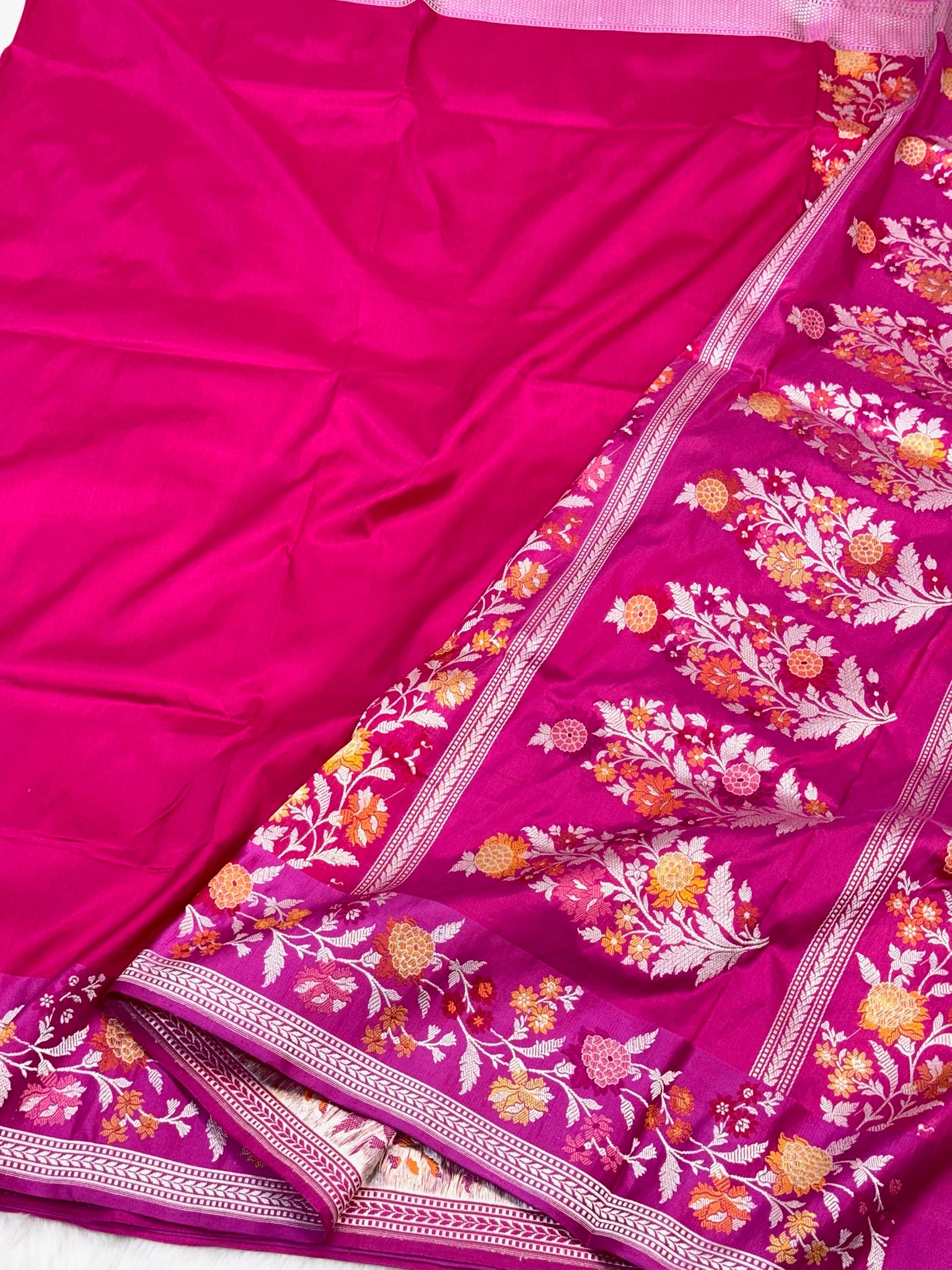 Rani Pink Pure Katan Silk Handwoven Banarasi Saree |Kadhuwa Weave|
