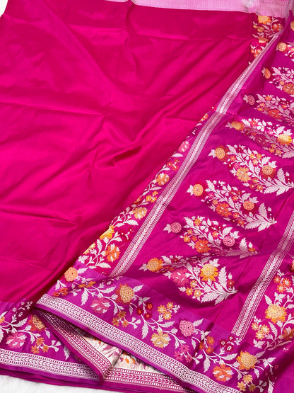 Rani Pink Pure Katan Silk Handwoven Banarasi Saree |Kadhuwa Weave|