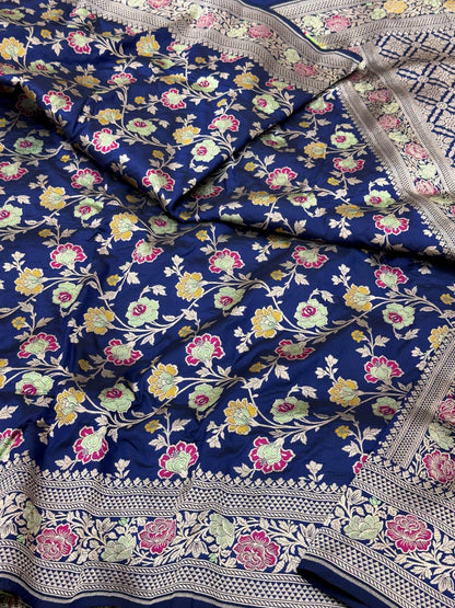 Dark Blue Handloom Banarasi Saree | Pure Mulberry Katan Silk Banarasi Saree - The Royal Palette