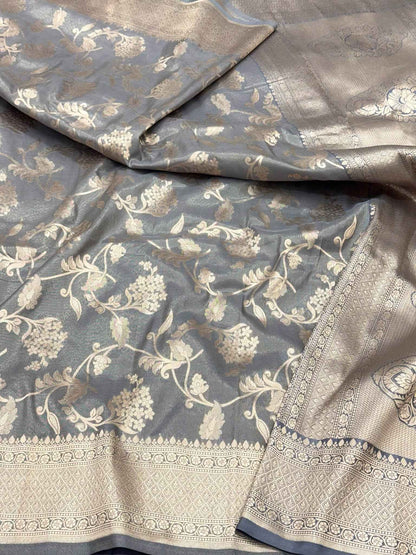Gray Pure Mulberry & Katan Silk Handloom Banarasi Saree - Lightweight Banarasi Saree