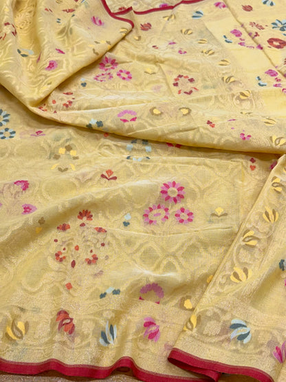 Pastel Yellow Pure Muslin Coton Jamdani Handloom Banarasi Saree - Lightweight Banarasi Ektara Weave Saree