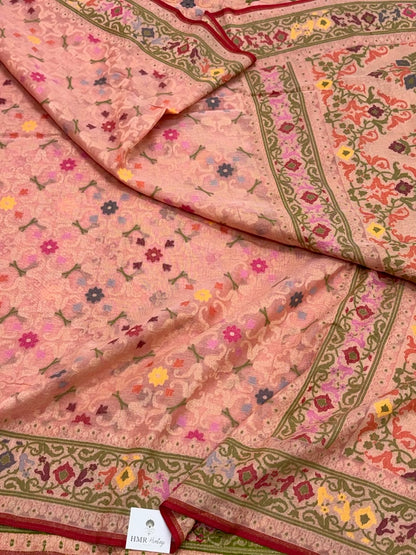 Peach Pure Muslin Cotton Jamdani Handloom Banarasi Saree |Ektara Weave|