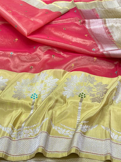 Raspberry Pink Pure Mulberry Kora Tissue Silk | Kadhwa Weave | Handwoven Modern Contemporary Banarasi Saree