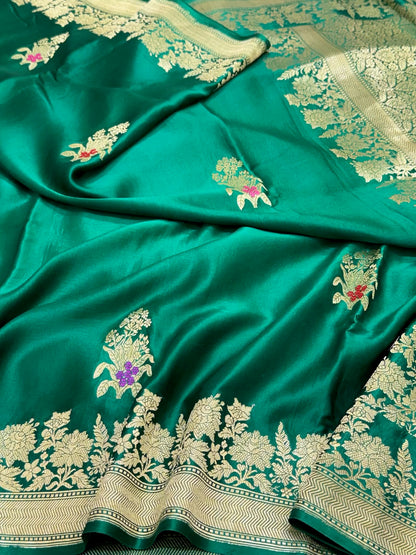 Emerald Green Pure Mashru Satin Silk | Kadhwa Weave | Handwoven Banarasi Saree - Rooted Elegance