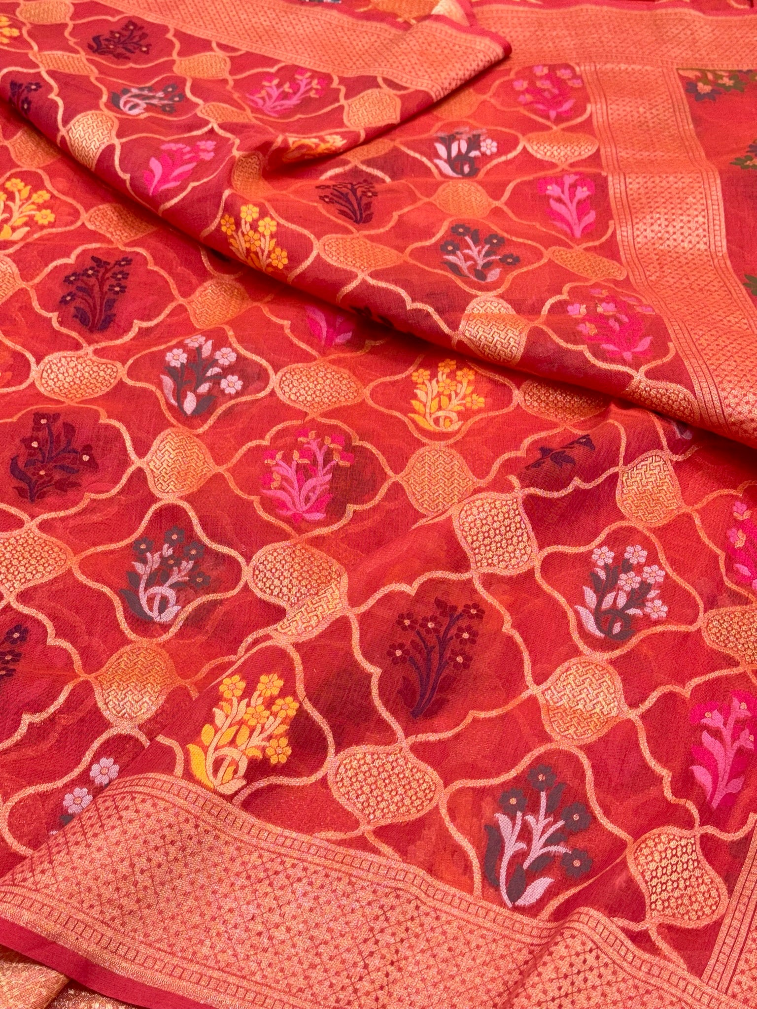 Reddish Orange Muslin Cotton Ektara Weave Handloom Jamdani Saree