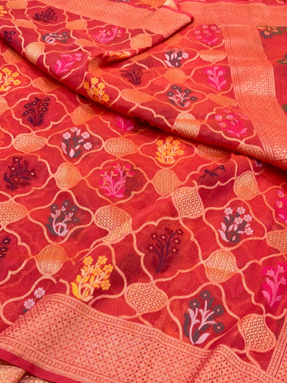 Reddish Orange Pure Muslin Cotton Jamdani Ektara Weave Handloom Banarasi Saree