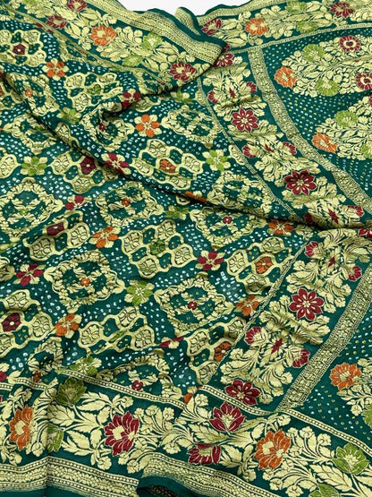 Emerald Green Pure Chiffon Georgette Handloom Banarasi Bandhej Saree soft Drape