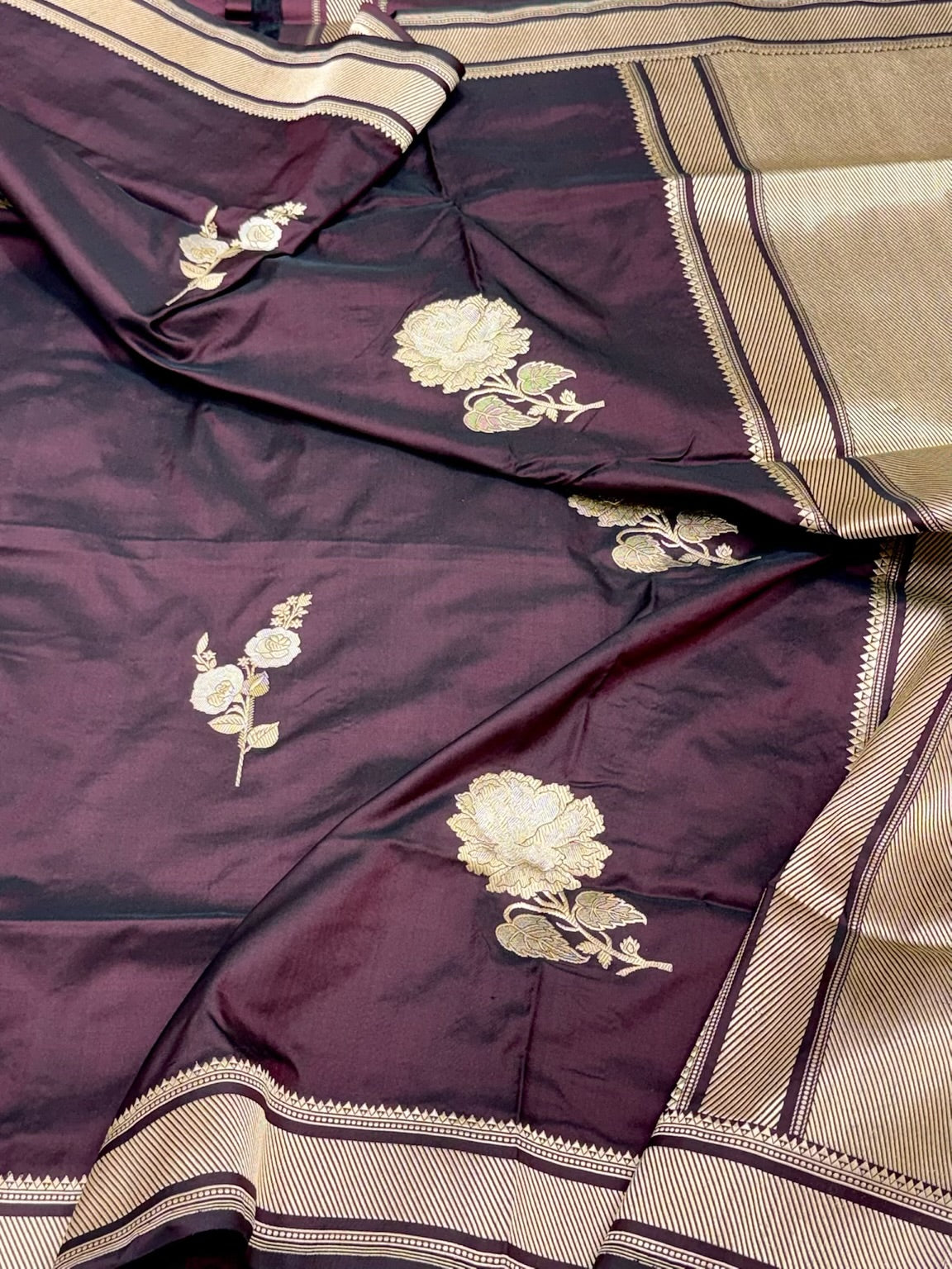 Wine Pure Katan Mulberry Silk Handwoven Modern Banarasi Saree With Kadhwa Artistry