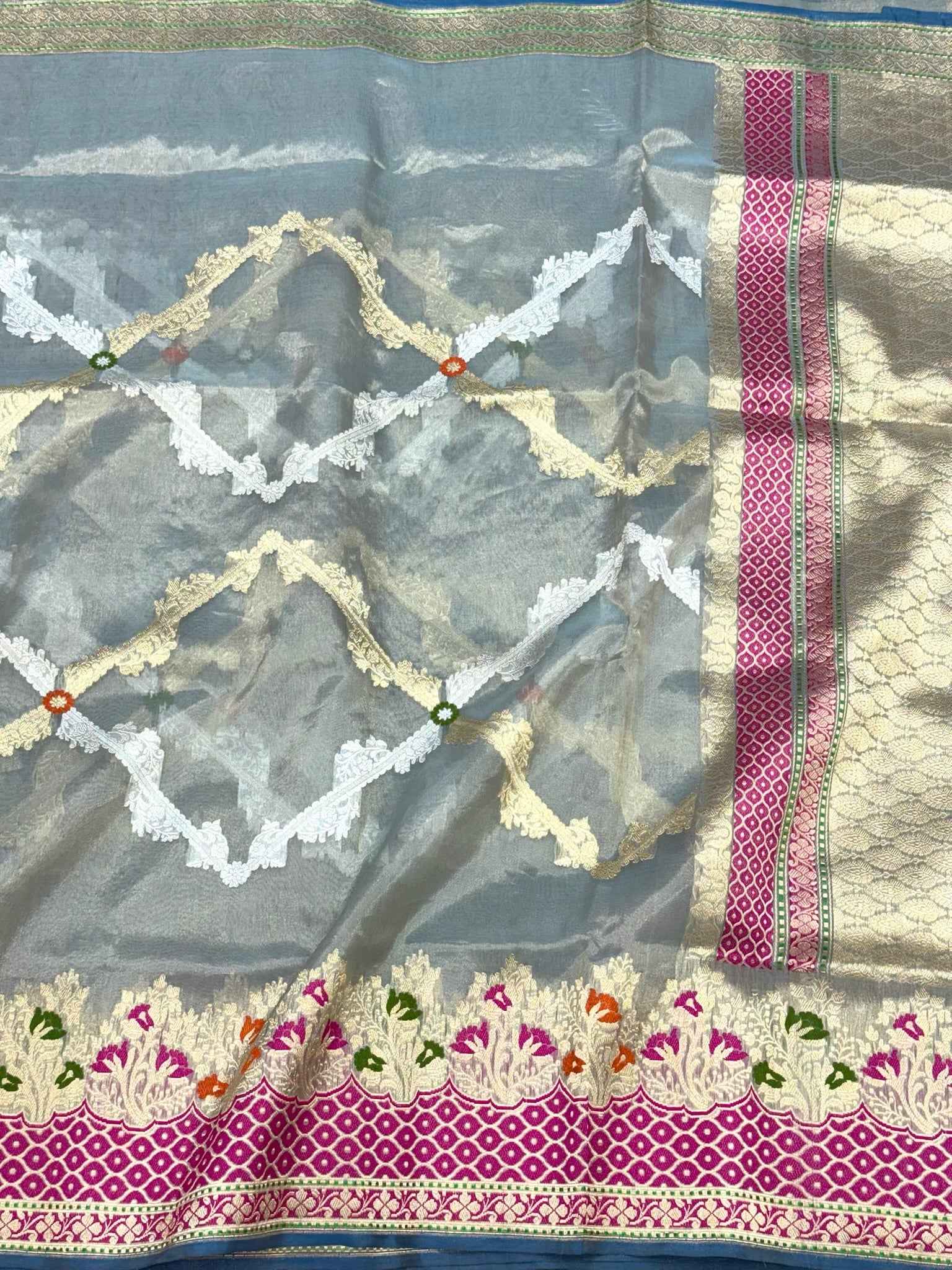 Air Force Blue Pure Kora Tissue Silk Handwoven | Kadhwa Technique | Authentic Banarasi Saree