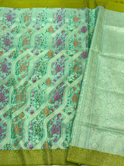 Sea Green Pure Kora Mulberry Silk Ektara Weave Jamdani Handloom Banarasi Saree