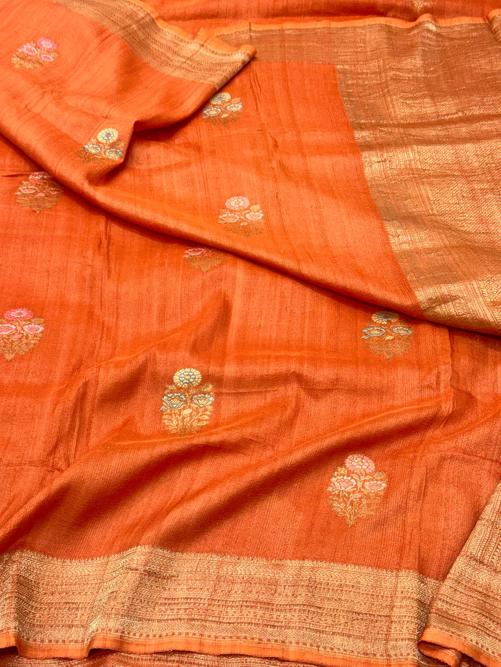 Orange Pure Tussar Georgette Handwoven Saree
