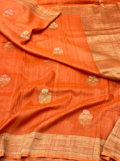 Orange Pure Tussar Georgette Silk Handwoven Banarasi Saree |Kadhuwa Weave|