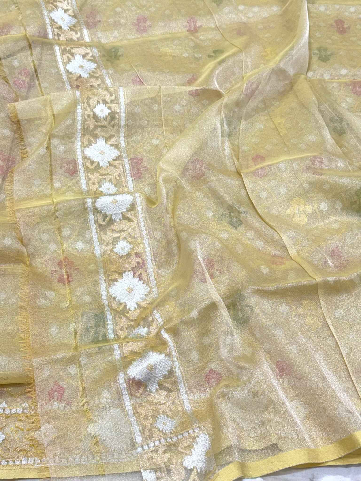 Pastel Yellow Pure Kora Silk & Pure Tissue Silk Jamdani | Ektara Weave | Handloom Banarasi Saree