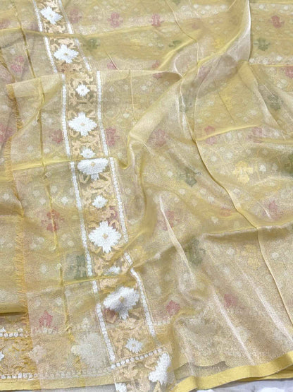 Pastel Yellow Pure Kora Silk & Pure Tissue Silk Jamdani | Ektara Weave | Handloom Banarasi Saree