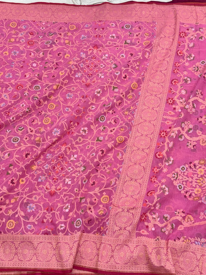 Pink Pure Muslin Cotton Jamdani Handloom Banarasi Saree | Ektara Technique |