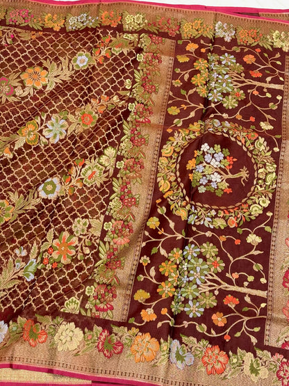 Brown Pure Mulberry Kora Silk Jamdani | Ektara Technique | Handloom Banarasi Saree - The New Classic