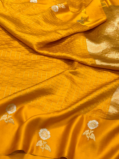 Mustard Yellow Pure Raw Mango Silk Handwoven Authentic Banarasi Modern Saree