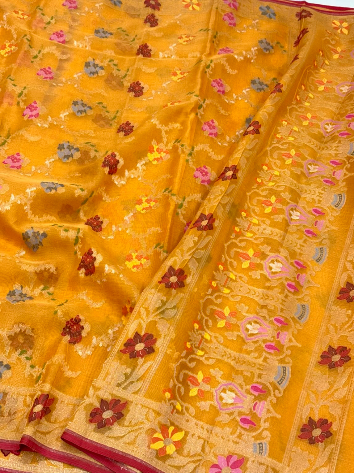 Orange Pure Mulberry Kora Organza Silk Jamdani Handwoven Banarasi Saree
