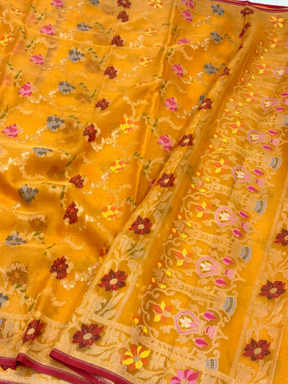 Orange Pure Mulberry Kora Organza Silk Jamdani Handwoven Banarasi Saree