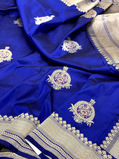 Royal Blue Pure Mulberry Katan Silk Handwoven Banarasi Saree