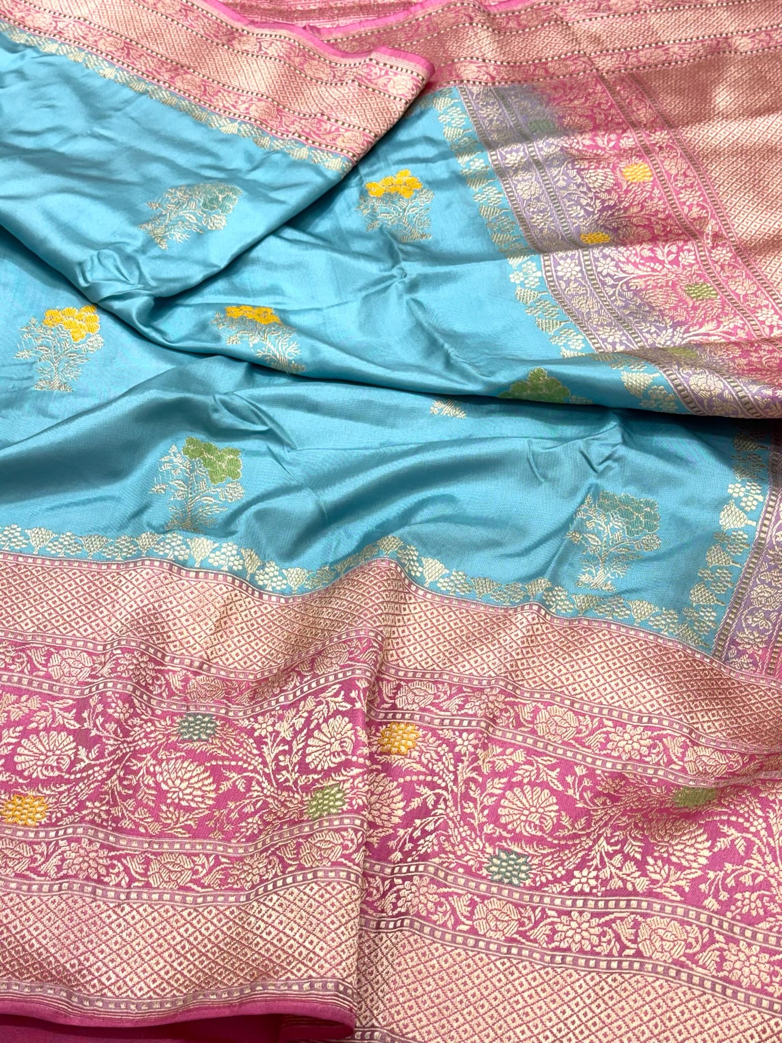 Aqua Blue Pure Mulberry Double Katan Silk | Kadhwa + Kadhiyal Weave | Handwoven Ektara Banarasi Saree - The Modern Heritage