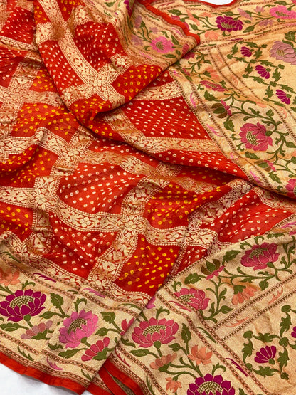 Orange Banarasi Handloom Saree | Pure Chiffon Georgette Banarasi Bandhej Saree