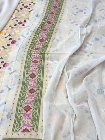 Off White Pure Muslin Cotton Jamdani | Ektara Technique | Handloom Modern Banarasi Saree