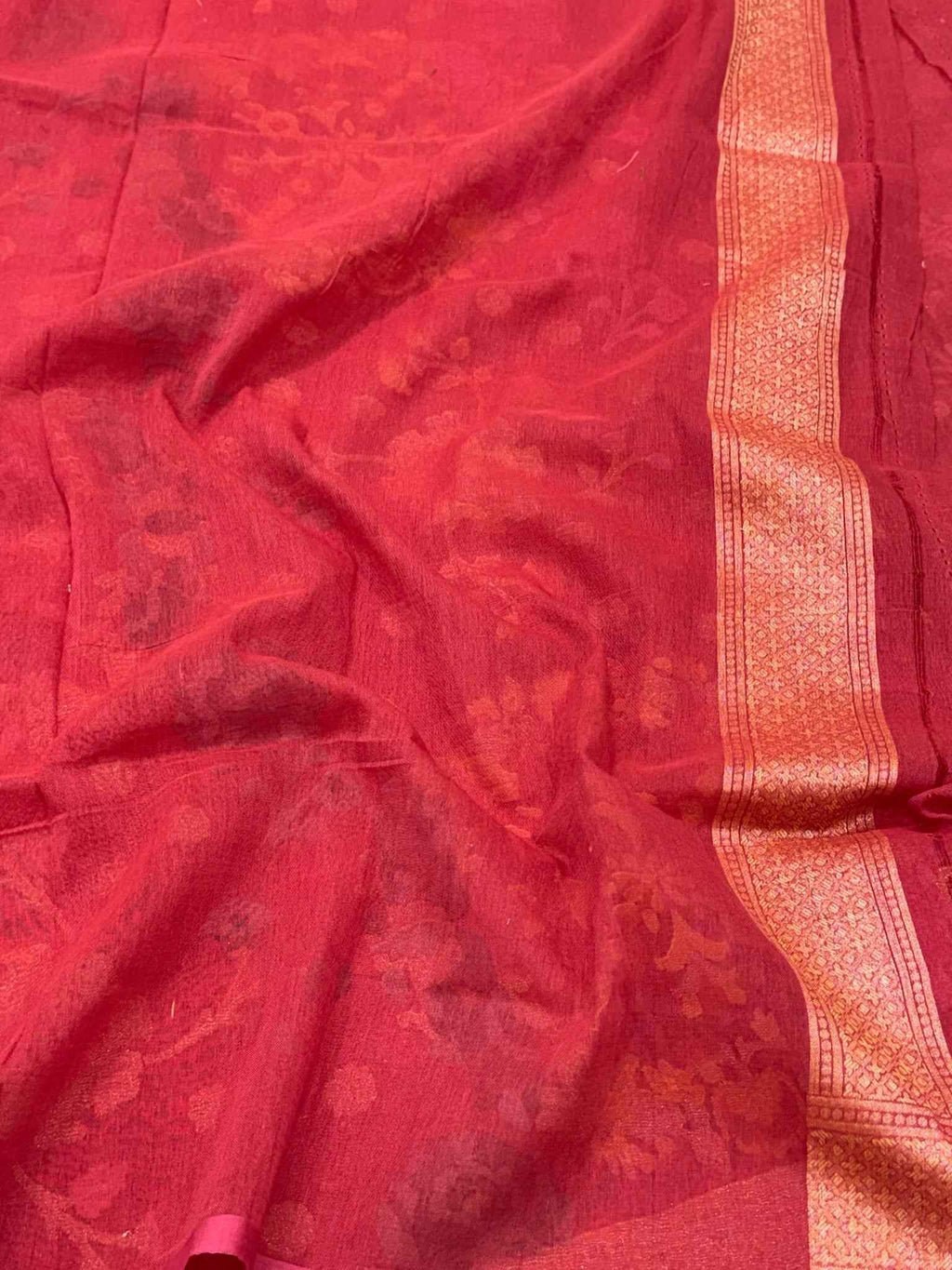 Maroon Pure Muslin Cotton Handloom Banarasi Saree with Ektara + Jamdani Weave