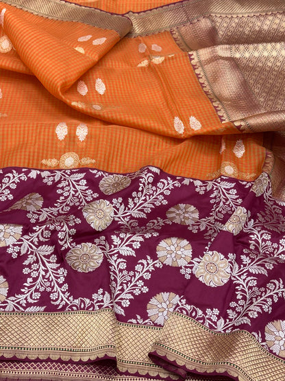 Rust Orange Pure Kora & Pure Katan Silk | Kadhwa + Kadhiyal Technique | Handwoven Exclusive Banarasi Saree