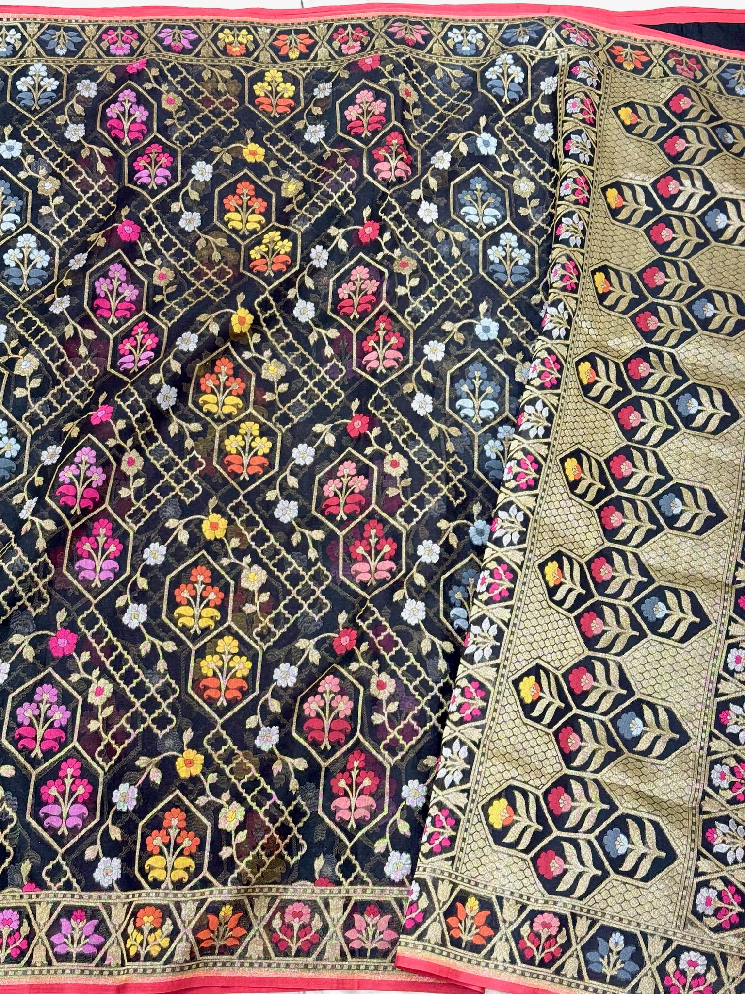 Black Pure Kora Organza Silk Jamdani Ektara Weave Handloom Banarasi Saree