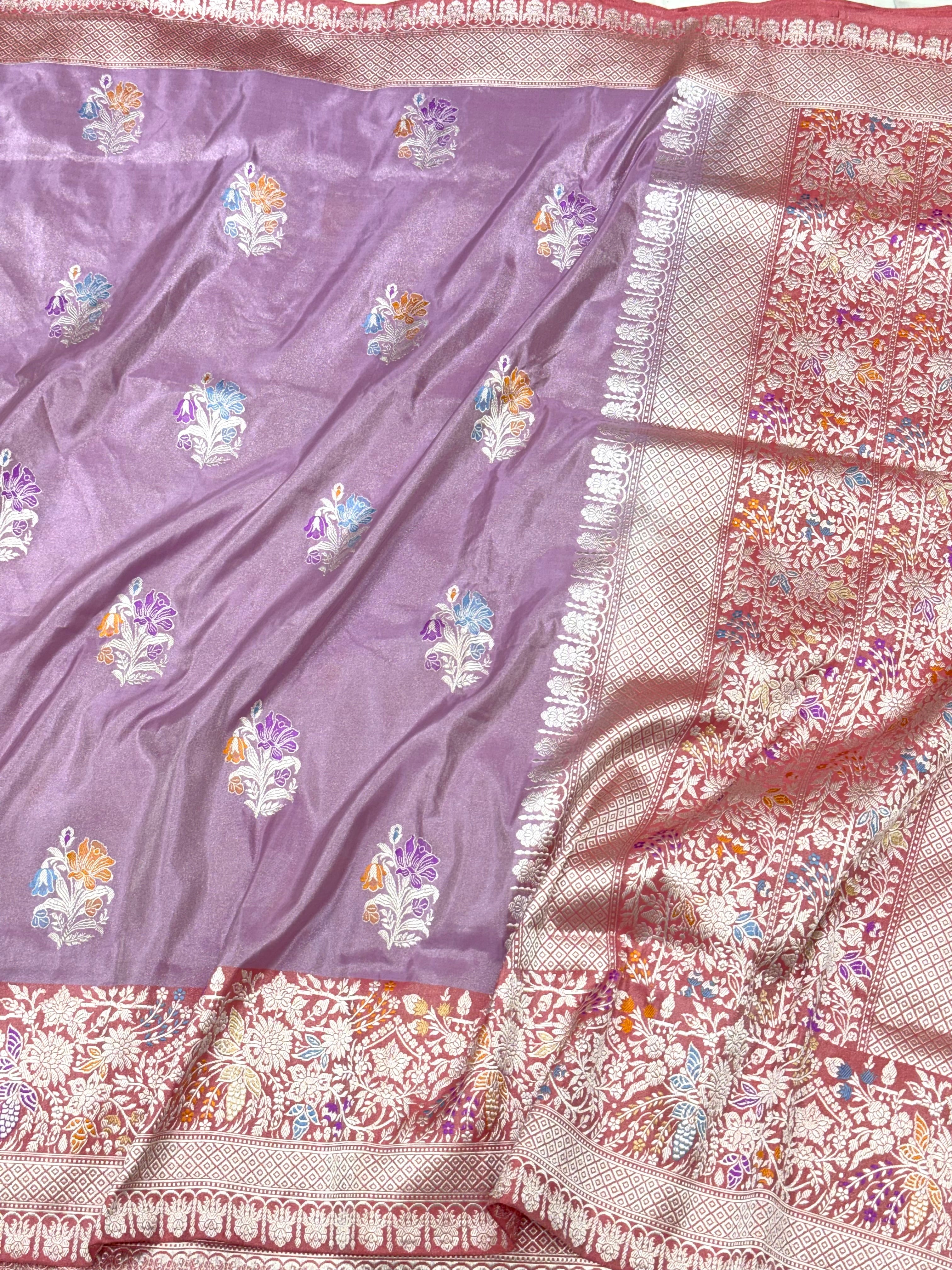 Lavender Pure Double Katan Tissue Silk Handwoven Banarasi Saree