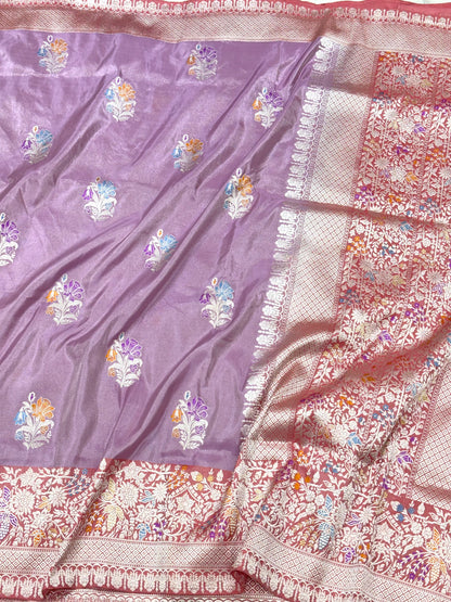 Lavender Pure Double Katan Tissue Silk Handwoven Banarasi Saree