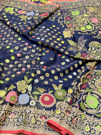 Navy Blue Pure Kora Silk Jamdani | Ektara Technique | Handloom Banarasi Saree - The Banarasi Muse