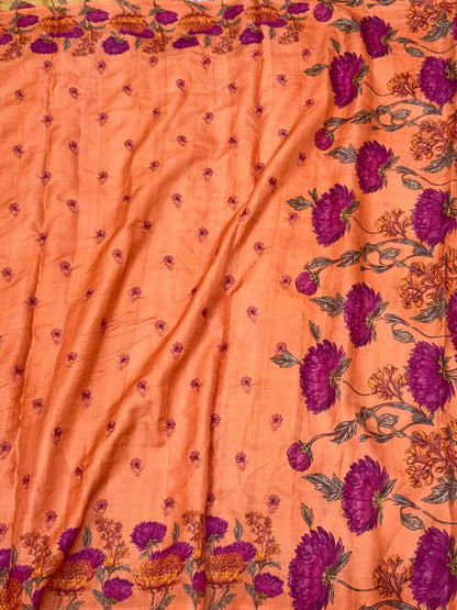 Peach Orange Pure Tussar Silk Handloom Printed with Embroidery Banarasi Saree - Soft Lightweight Banarasi Saree