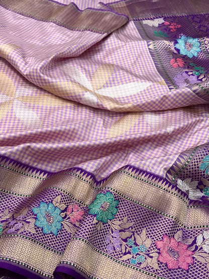 Purple Pure Katan Silk Ektara Saree - Pure Mulberry Silk | Kadhwa Weaving Modern Contemporary Banarasi Silk Saree