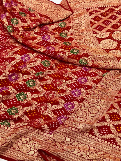 Red Pure Chiffon Georgette Soft Drape Lightweight Bandhej Saree | Handloom Contemporary Banarasi Saree