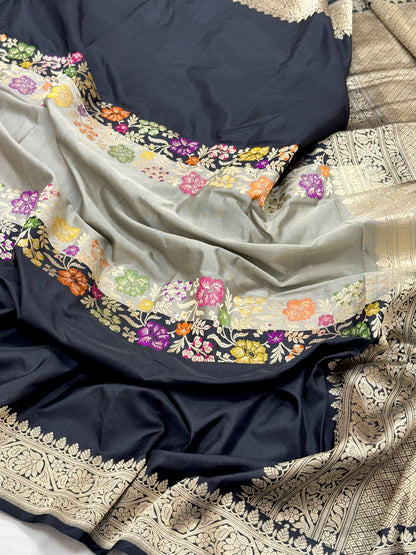 Black Pure Mulberry Silk & Pure Katan Silk | Kadhwa Technique | Exclusive Modern Authentic Banarasi Saree - Contemporary
