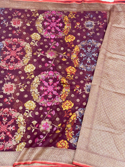 Wine Pure Muslin Cotton Jamdani Ektara Weave Handloom Banarasi Saree